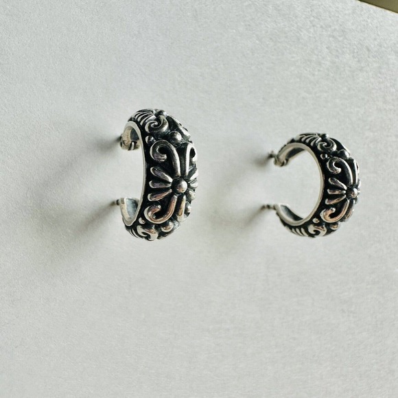 Vintage 925 Sterling Silver Earrings Hoop Floral Ornament Filigree - Picture 2 of 5